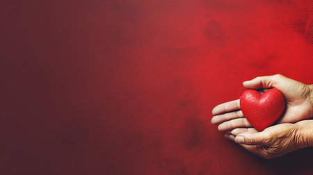 Hand holding red heart on red backgroundの素材