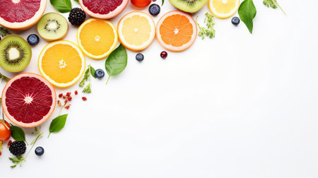 Sliced colorful fruits arranged neatly on a white backgroundの素材
