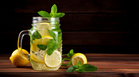 Mason jar with lemonade, lemons, and mint on a wooden surfaceの素材
