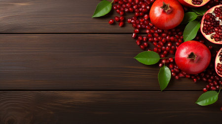 Pomegranates and seeds with green leaves on a dark wood backgroundの素材