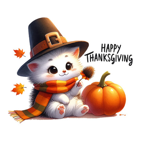 Fluffy kitten with pilgrim hat and scarf, next to pumpkin, Happy Thanksgiving quoteの素材