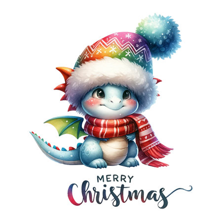 Charming dragon in winter hat and scarf with Merry Christmas messageの素材