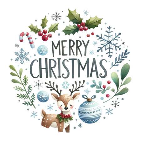 Charming Christmas greeting with reindeer, snowflakes, festive decorations, Merry Christmas quoteの素材