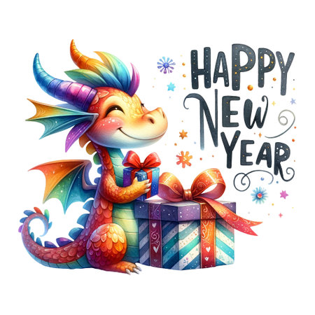 Colorful dragon with a gift, celebrating with Happy New Year textの素材