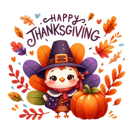Cartoon turkey in pilgrim hat with pumpkins and Happy Thanksgiving quoteの素材