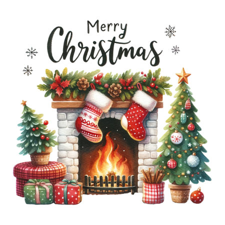 Classic Christmas fireplace scene with stockings, tree, warm fire, Merry Christmas quoteの素材