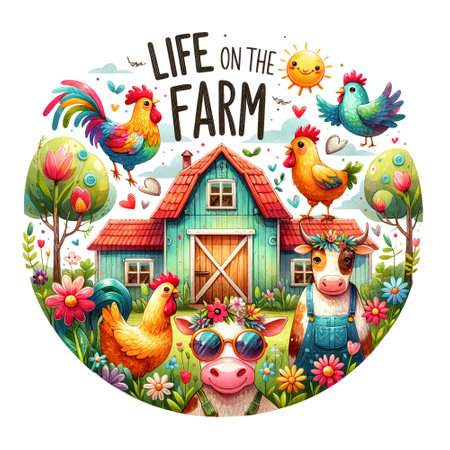 Whimsical farm scene with animals and Life on the Farm textの素材