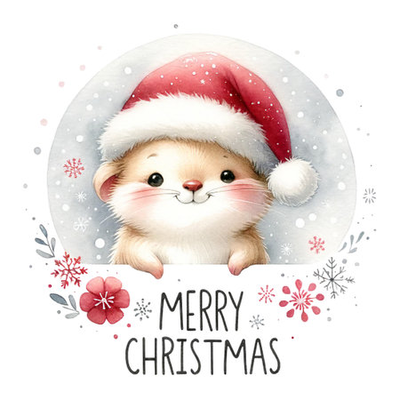 Adorable mouse in Santa hat amidst snowflakes with Merry Christmas messageの素材