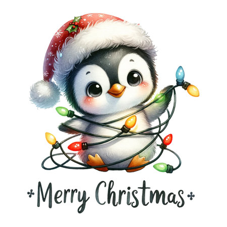 Penguin entangled in colorful Christmas lights wearing Santa hat, Merry Christmas textの素材