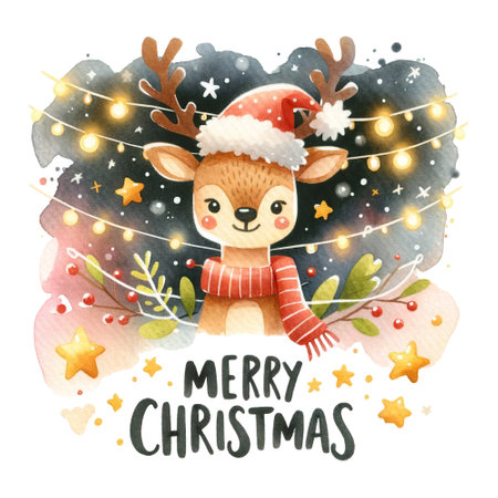 Reindeer wearing Santa hat and striped scarf, surrounded by holiday lights and stars, Merry Christmas quoteの素材