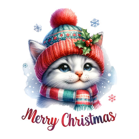 Kitten with winter hat and scarf surrounded by snowflakes and Merry Christmas textの素材