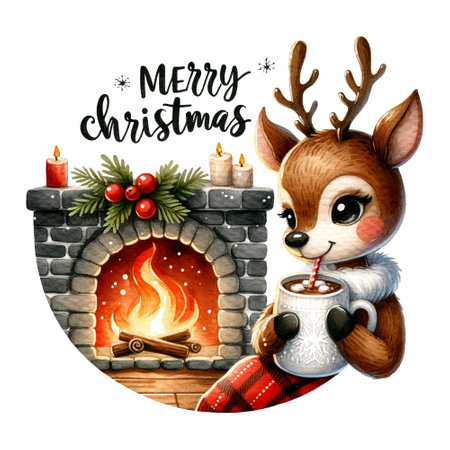 Cozy reindeer by fireplace with hot cocoa, Merry Christmas quoteの素材