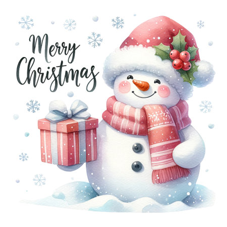 Snowman with gift and holly-adorned hat, Merry Christmas quoteの素材