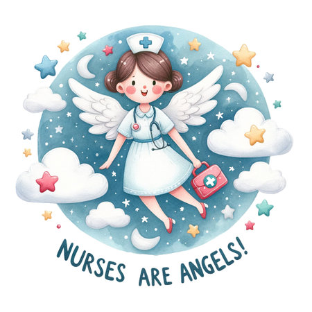Angel nurse with wings among clouds and stars, Nurses are angels quoteの素材