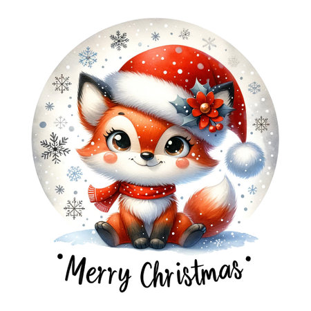 Charming fox in festive outfit and Santa hat wishing Merry Christmasの素材