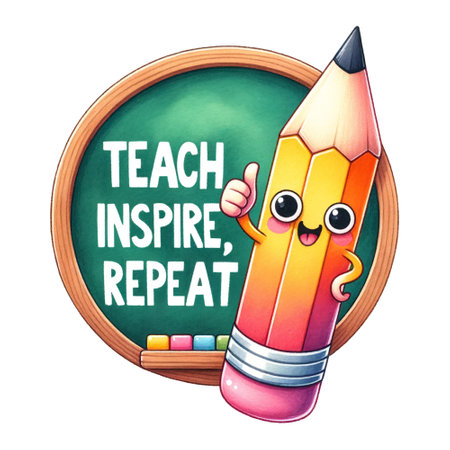 Pencil character with chalkboard, Teach Inspire Repeat quoteの素材