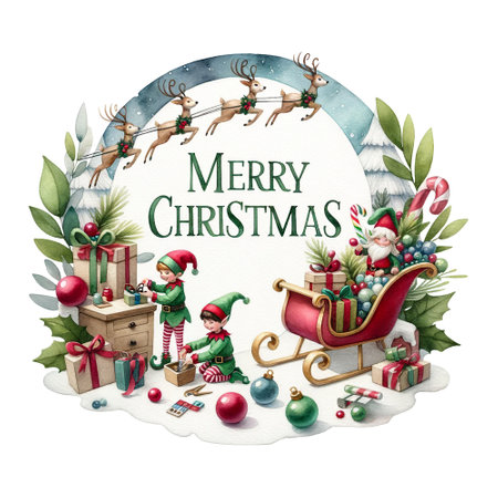 Santa and elves with sleigh and reindeer, ready for Christmas delivery, Merry Christmas quoteの素材