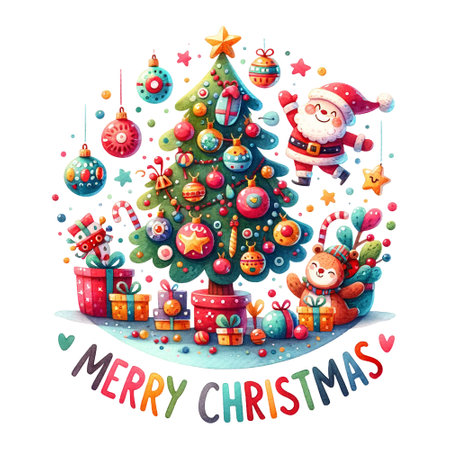 Vibrant Christmas scene with tree and characters, Merry Christmas quoteの素材