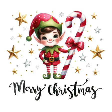 Christmas elf with giant candy cane and stars, wishing Merry Christmasの素材