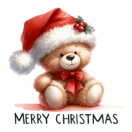 Cute bear with Santa hat and holly, sending warm Merry Christmas quoteの素材