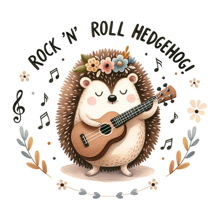 Musical hedgehog playing guitar with Rock n Roll Hedgehog textの素材