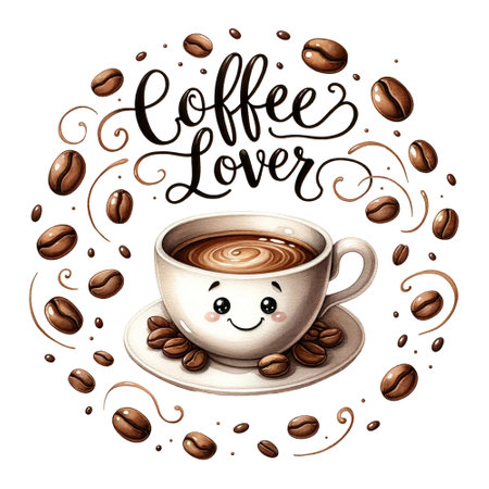 Smiling coffee cup surrounded by coffee beans, Coffee Lover scriptの素材