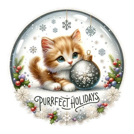 Kitten with Christmas ornament and Purrfect Holidays textの素材