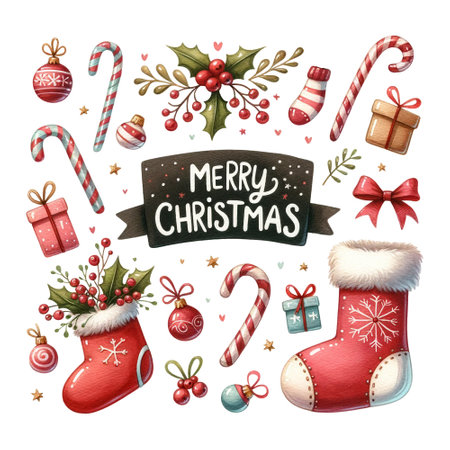 Assorted Christmas icons including candy canes, stockings, and holly with festive banner Merry Christmas quoteの素材