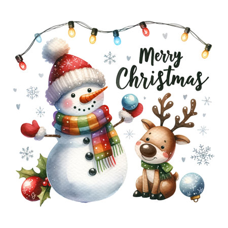 Snowman and reindeer with festive lights and Merry Christmas messageの素材