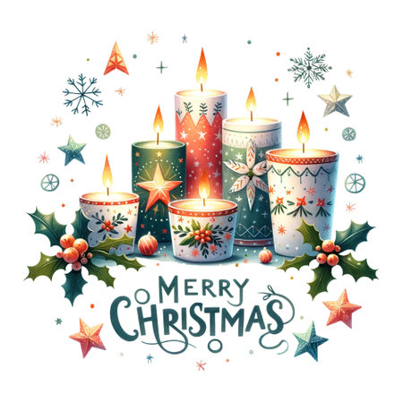 Christmas candles with festive decorations and Merry Christmas messageの素材