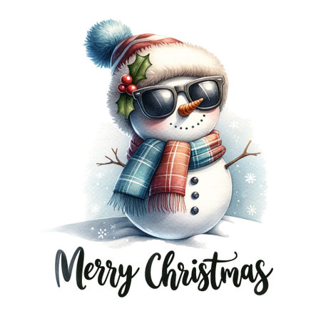 Snowman with sunglasses and a stylish scarf, Merry Christmas quoteの素材
