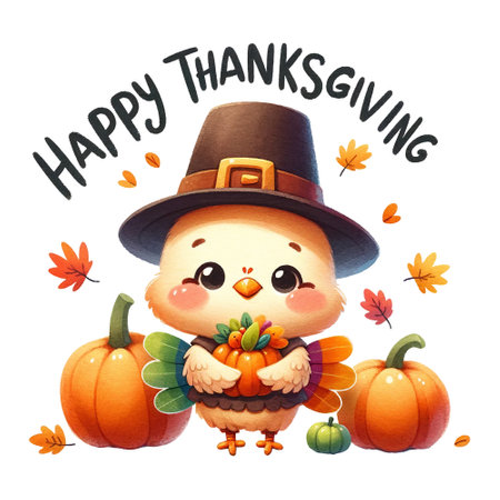 Cartoon chick dressed as pilgrim with pumpkins, Happy Thanksgiving quoteの素材