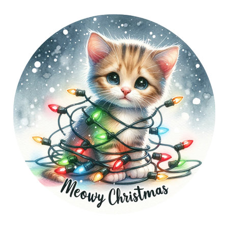 Cute kitten tangled in Christmas lights with Meowy Christmas greetingの素材