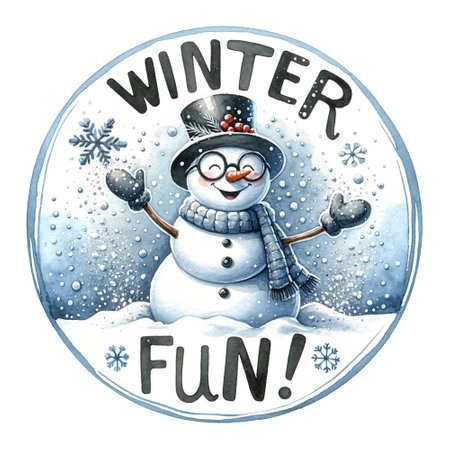 Snowman in a top hat waving, with Winter Fun text in the snowの素材