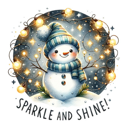 Cheerful snowman surrounded by lights, Sparkle and Shine textの素材