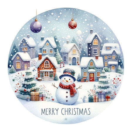 Snow-covered village with snowman and Christmas tree, Merry Christmas quoteの素材