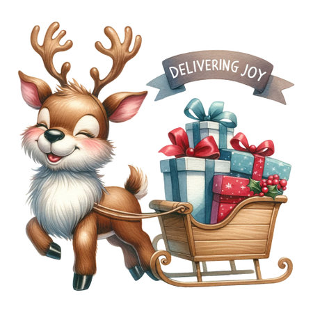 A reindeer pulling a sleigh of gifts, Delivering Joy on the bannerの素材