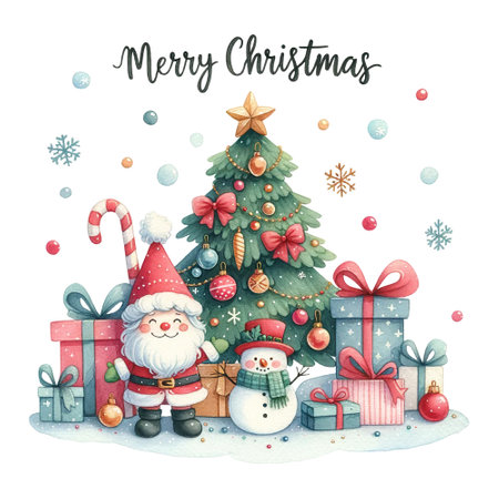Santa Claus with a snowman, Christmas tree, and gifts, spreading holiday cheer, Merry Christmas quoteの素材