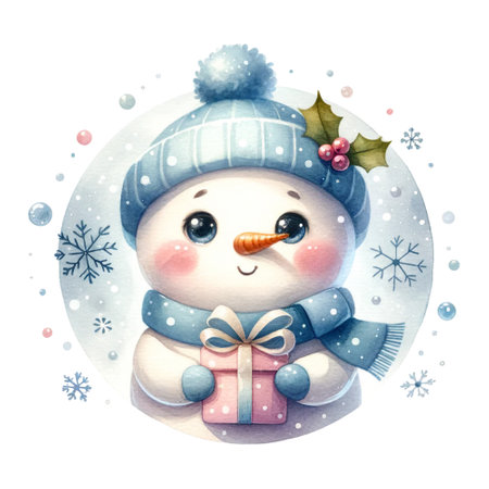 Snowman with a gift, wearing a hat and scarf, under snowflakesの素材