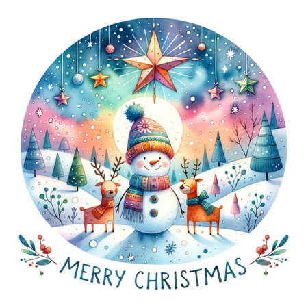 Snowman and reindeer under starry sky and trees, Merry Christmas quoteの素材