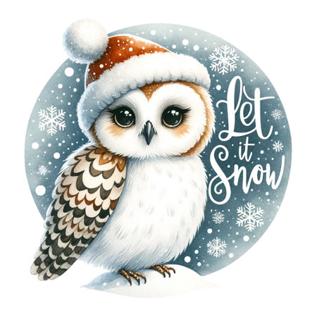 A snowy owl in a Santa hat, Let it Snow written aroundの素材