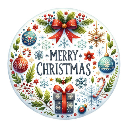 Festive Christmas decorations and greeting on circular background, Merry Christmas quoteの素材
