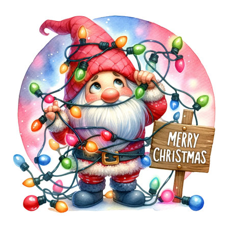 Gnome tangled in Christmas lights, Merry Christmas quoteの素材