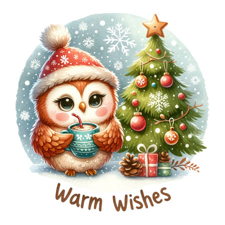 Owl in Santa hat sipping a hot drink with Warm Wishes by a Christmas treeの素材