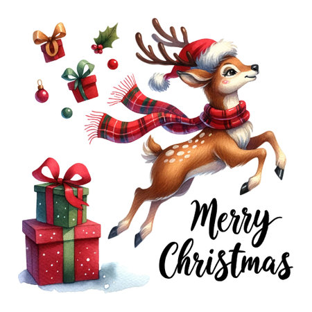 Leaping reindeer with Santa hat and red scarf surrounded by Christmas gifts and decorations, Merry Christmas quoteの素材