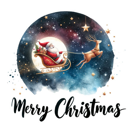 Santa on sleigh with reindeer, Merry Christmas textの素材