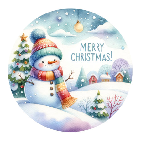 Snowman with colorful scarf in snowy village, Merry Christmas quoteの素材