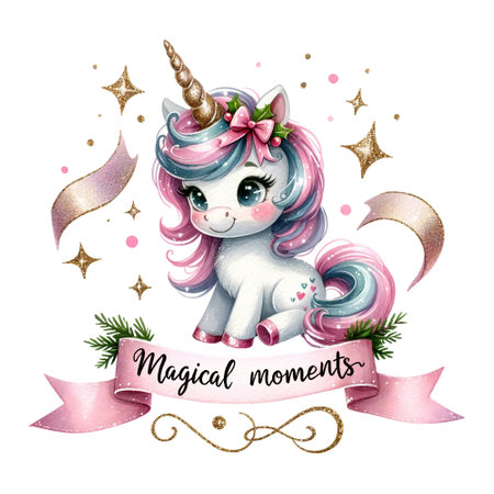 Unicorn with Magical moments banner and sparkling accentsの素材