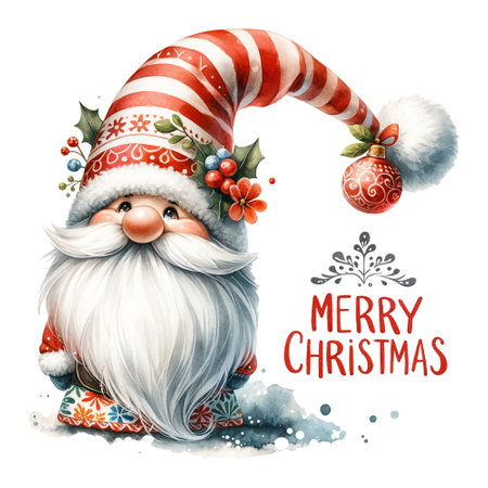 Santa gnome with a long hat and 'Merry Christmas' textの素材
