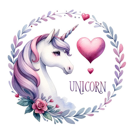 Graceful unicorn head with heart and laurels, unicorn wordの素材